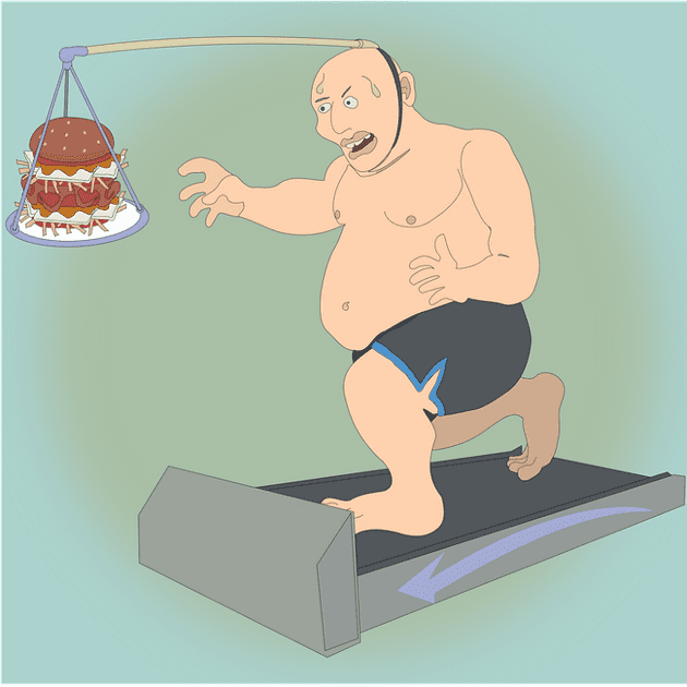 Large man chasing a cake on a treadmill